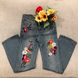 Request Floral Embroidered Women’s Blue Jeans with Silver Studs